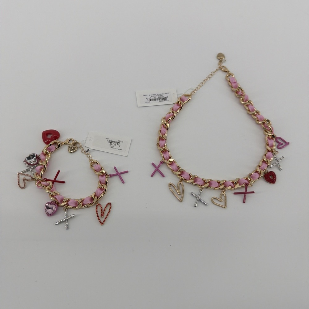 Betsey Johnson Hearts Multi Charm‎ Ribbon Necklace Bracelet Valentine NWT